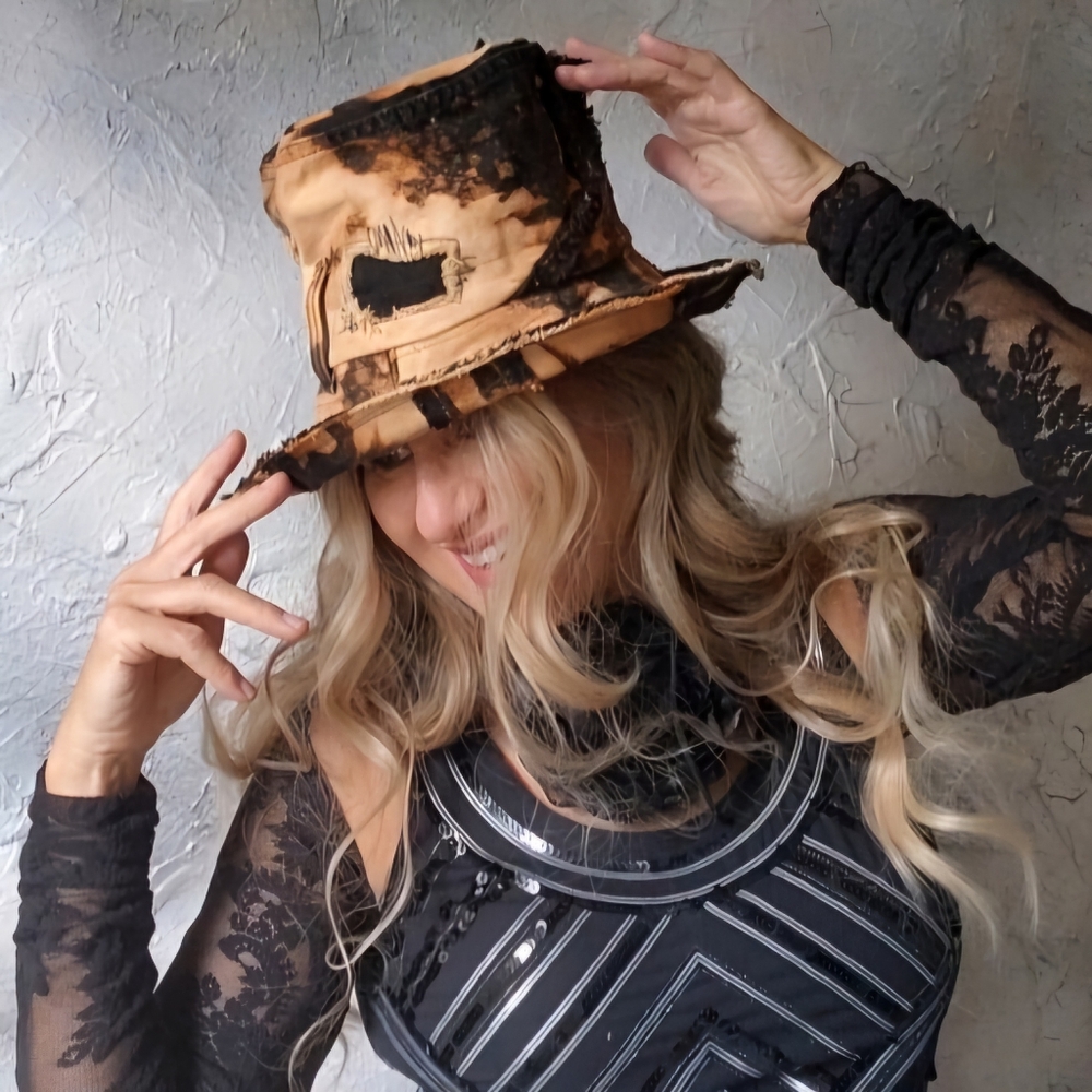 Stovepipe Top Hat Designer Hat Shabby Upcycled Denim Boho Ripped Hippie - Picture 4 of 17